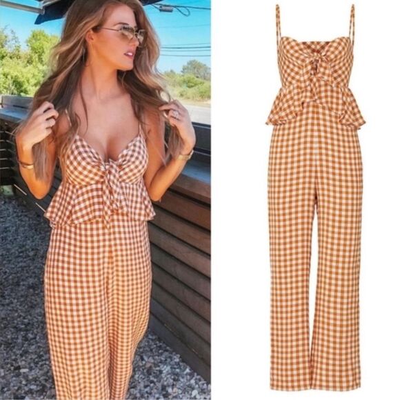 Saylor Laken Sparrow Brown White Gingham Peplum Tie Front Jumpsuit Sz M - Picture 1 of 16